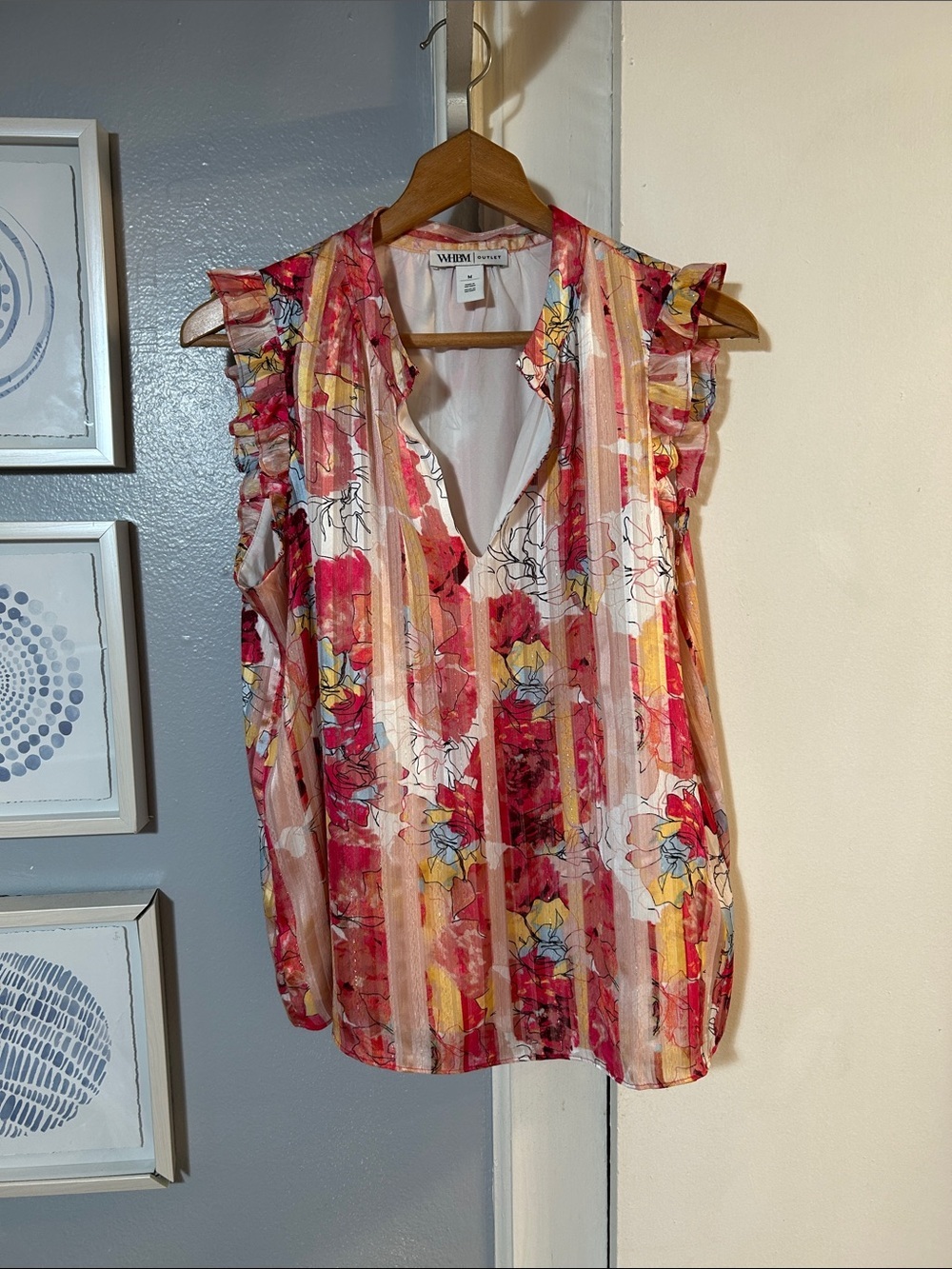White House Black Market Women’s Pink Floral Stripe Ruffle Sleeve Blouse Size M